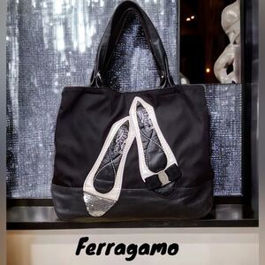 SALVATORE FERRAGAMO BLACK LEATHER/NYLON SHOULDER HANDBAG TOTE EMBELLISHED DESIGN